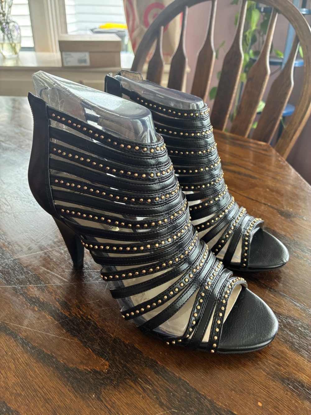 Studded Black Strappy Peep-Toe Heels